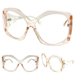 Womens Oversized Vintage Retro Style Clear Lens EYE GLASSES Huge Champagne Frame - Picture 1 of 5