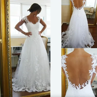 New Custom Made Backless Wedding Dresses Cap Sleeve A-Line Applique Sweep Train - Image 1 of 4