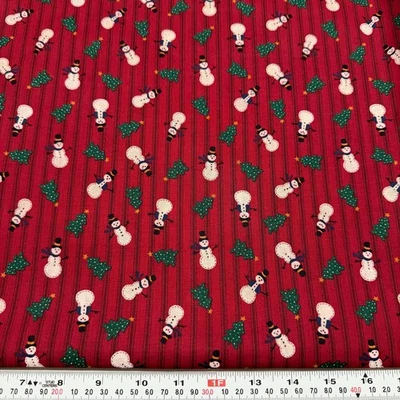 Vtg Cranston Christmas Tree Snowmen Ticking Stripe Red Cotton by the HALF YARD - Image 1 of 2