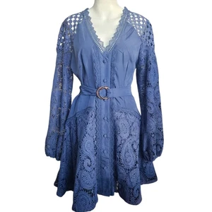 DALIA MACPHEE Blue L/S Lace Mini Dress MED Fairycore Coquette Whimsy - Picture 1 of 15