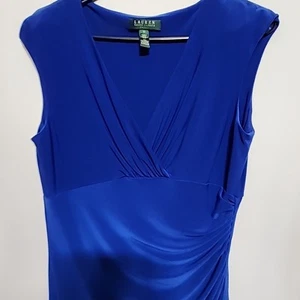 Lauren Ralph Lauren Blue Faux Wrap DRESS Size 10 Beautiful, Stretchy Sleeveless  - Picture 1 of 13