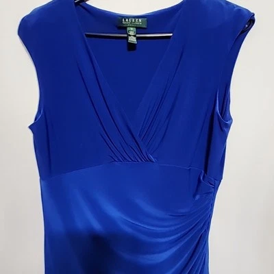 Lauren Ralph Lauren Blue Faux Wrap DRESS Size 10 Beautiful, Stretchy Sleeveless  - Image 1 of 4
