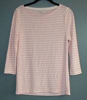 Talbots Petite Striped Shirt Sweater Top Pink White 3/4 Sleeve Sequins Womens SP