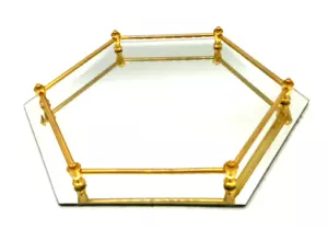 Vassoio vanità vintage 14x12 ottagonale specchiato aste ottone MCM Hollywood Regency - Foto 1 di 8