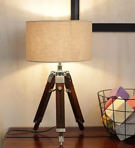 Tripod Floor Lamp Nautical Spotlight Vintage Studio Wooden Light Home Office - Picture 1 of 4