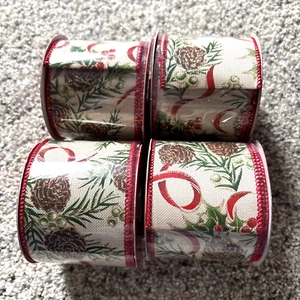 3” x 20 ft wired-edge ribbon- 4 rolls total-red/gold with pinecones Christmas - Picture 1 of 4