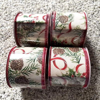 3” x  20 ft wired-edge ribbon- 4 rolls total-red/gold with pinecones Christmas - Image 1 of 4