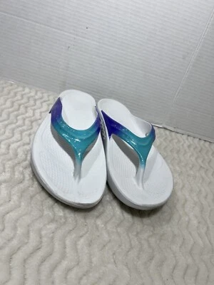 OOFOS OOLALA Luxe 女式 10 码人字拖凉鞋白色/淡蓝色舒适 — 第 1/4 张图片