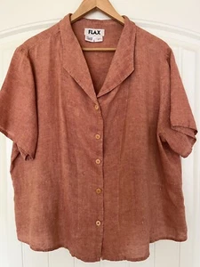 FLAX Linen Top L Orange Multi Colored Weave Button Up Tapered Waist Shapely - Picture 1 of 6