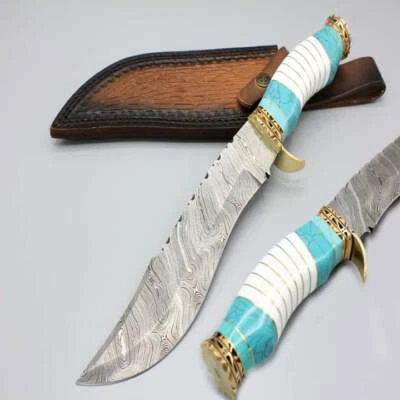 Cuchillo BOWIE de caza Damasco hecho a mano con piedras preciosas turquesa y mango de latón Foto 1 de 4