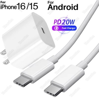 20W PD Fast Wall Charger Dual USB C Type C Cord For iPhone 16 15 Android Samsung - Image 1 of 4