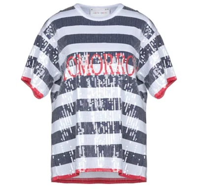 Новый с Ярлыками Alberta Ferretti белый/синий в полоску коротким рукавом блестками Топ размер США 8, IT 44 - Изображение 1 из 4