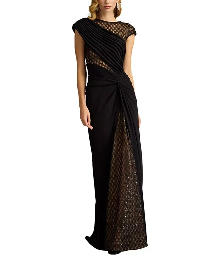 Tadashi Shoji Black Nude Jetta Peek-A-Boo Illusion Gown Dress Size Small $558 - Image 1 of 4
