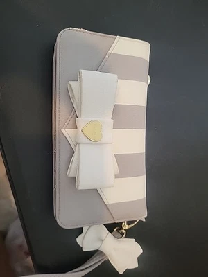 Betsey Johnson Wallet Gray Stripe White Bow - Image 1 of 4