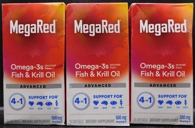 3Pk MegaRed Omega-3s Fish & Krill Oil Advanced 25 Gels Ea Exp: 3/26 New & Sealed - Image 1 of 4