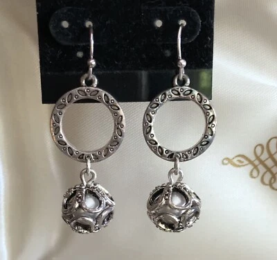 Statement Keepsake Silver Dangle Drop Pierced Earrings Caged Pearl New Old Stock - Image 1 of 4