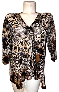 Blusa Camisa FUZZI Top Talla Pequeña Italiana Marrón Negro Malla Transparente Manga 3/4 Cuello en V - Imagen 1 de 6