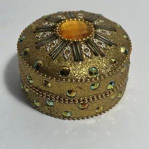 Vintage Round Domed Beaded Trinket Jewelry Box Metal Tin Orange Green & Gold VTG - Picture 1 of 9