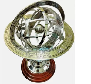 Mappamondo sfera armillare decorativo stile vintage finitura cromata con base in legno - Foto 1 di 3