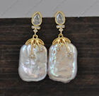 Z13071 Natural 22Mm White Square Coin Pearl Cz Dangle Earring