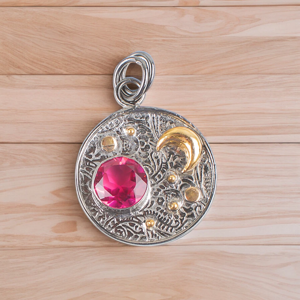 Colgante de plata de ley 925 hecho a mano con piedras preciosas de turmalina rosa para mujer Foto 1 de 1