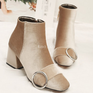Square Toe Buckle Velvet Womens Ankle Boots 6.5cm Ckunky Block Heel Shoes Zipper