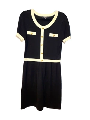 Alex Marie Black Knit Cream Trim Gold Buttons Dress Faux Chest Pockets Medium - Image 1 of 4