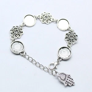 2PCS Brass Round Cabochon Blank Chain Bracelet, Antique Silver Tone Round Tray  - Picture 1 of 1