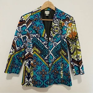 Chico's Colorful Geometric Blazer Jacket Size 1 Vibrant Abstract Print Office - Picture 1 of 9