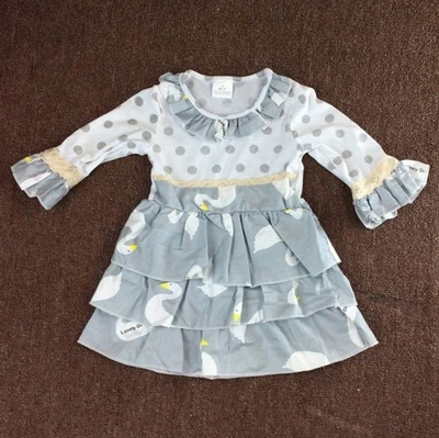 NUEVO Vestido Boutique Niñas Pájaro Cisne Manga Larga Rosa Gris Volantes  Foto 1 de 4