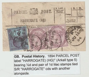 1894 PARCEL POST LABEL USED HARROGATE 3 STAMPS - NORTH YORKSHIRE - Picture 1 of 2