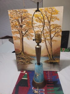 Vintage Mid Century Aqua Turquoise Floral Glass And Wood Lamp - Picture 1 of 15