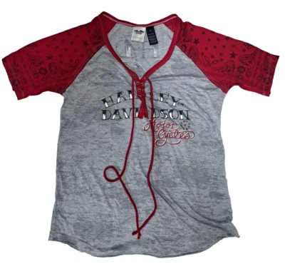 Camisa Harley Davidson grande para mujer roja gris bandana manga corta con cordones Foto 1 de 4