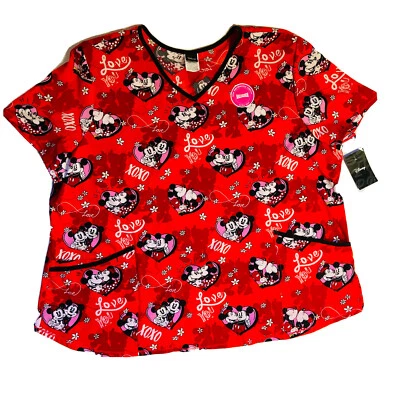Disney Scrub Top Women 3XL Mickey Minnie Mouse Hearts Kiss Me Love You Valentine - Image 1 of 4