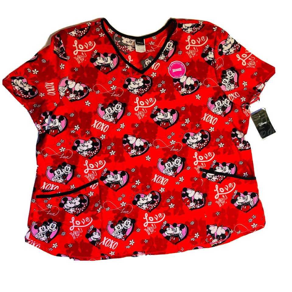 Disney Scrub Top Women 3XL Mickey Minnie Mouse Hearts Kiss Me Love You Valentine - Image 1 of 4