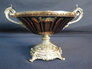 LF44753EC:Colored Cut Glass French Style Bowl with Gold Overlay and Bronze Mount - Picture 1 of 7