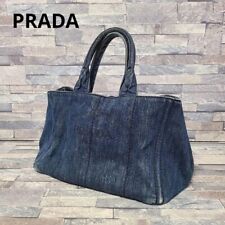 Prada Canapa Logo Print Tote Bag Handbag Denim Canvas Fabric Size A4 Blue Ladies