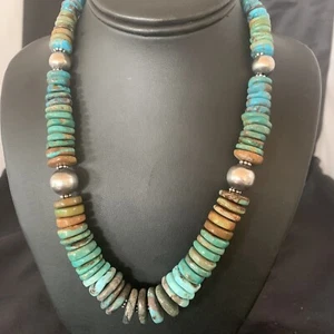 Blue Green Turquoise Navajo Sterling Silver Necklace 20" 11928 - Picture 1 of 12