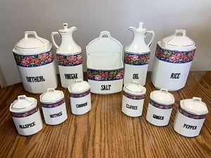 11 Antique Carlsbad China Czechoslavakia Spice Jars & Canisters Roses Floral - Picture 1 of 11