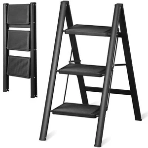 Step Ladder Folding 3 Step Stool w/Wide Anti-Slip Pedal 330lbs Lightweight Black - Picture 1 of 21
