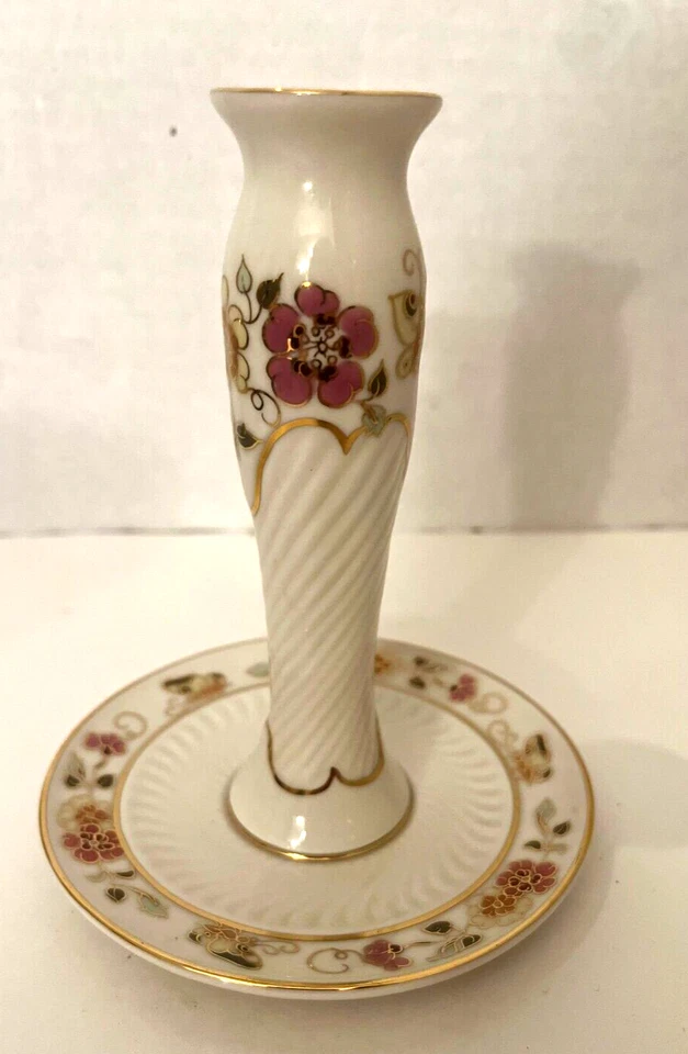 Vtg Zsolnay Handpainted Porcelain Ivory Floral Gold Rim Candle Holder Bud Vase - Image 1 of 4