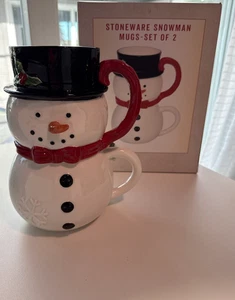 VINTAGE CRACKER BARREL STONEWARE SNOWMAN MUGS SET OF 2 - Picture 1 of 5