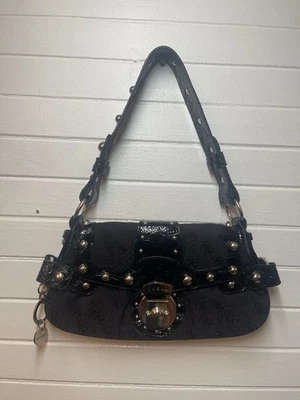 Vintage Monogram Guess Black Faux Leather Y2K Shoulder Bag - Pink Print Inside - Image 1 of 4