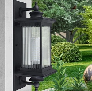 Outdoor Wall Lights Black Glass Lantern Aluminum Exterior - Picture 1 of 9