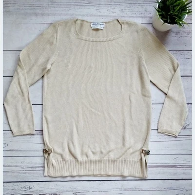 SALVATORE FERRAGAMO Tan Beige 100 % Cotton Buckle Detail Sweater size M - Image 1 of 4