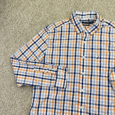 Nautica Button Down Shirt Mens Size XL Blue Orange Check Long Sleeve Pocket - Image 1 of 4