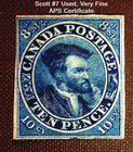 Canada #7 🍁USED VF (1855) Appears Mint, APS Certificate ULTRA RARE