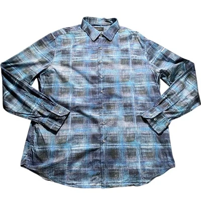 BUGATCHI Shirt Men's XXL Blue Plaid Long Sleeve Shaped Fit Stretch Cotton - Image 1 of 4