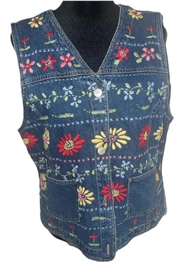 Chaleco Jean Vintage Susan Bristol Denim Talla Mediana Bordado Floral Margarita Foto 1 de 4
