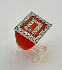 Red Orange Geometric Resin Ring with Clear Rhinestones - Picture 1 of 5